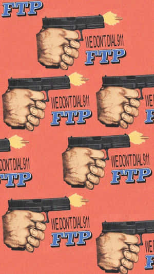 重複圖形，手部發射手槍，珊瑚色背景上帶有「WE DON'T DIAL 911 FTP」文字。 — iPhone 6 壁紙