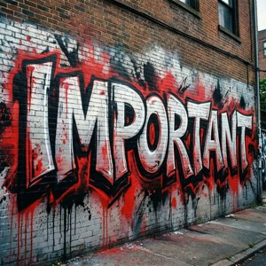 塗鴉壁畫在磚牆上以紅色和黑色滴落拼寫IMPORTANT。