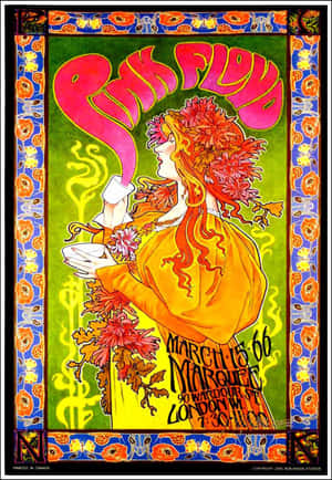 Pink Floyd 演唱會海報，女性呼出粉紅色煙霧，周圍環繞花朵