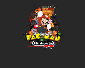 復古遊戲標誌拼貼畫， featuring Mario 和 Pac-Man 被經典任天堂角色包圍。