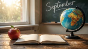 打開的筆記本 蘋果 地球儀 黑板 September 陽光 木桌