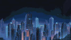 像素化的城市夜景，帶有發光的窗戶和星空。 — 復古 壁紙