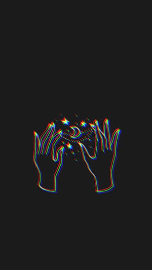 兩隻發光的手在黑色背景上，以彩虹輪廓托著星星和月亮。 — 低對比度 壁紙