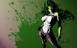 She-Hulk 以超級英雄姿勢，綠色頭髮和紫色褲子，在綠色背景前。 — 驚奇少女 壁紙