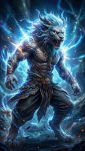 兇猛的藍色毛髮獅頭戰士在黑暗的宇宙場景中散發電能。