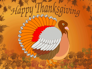 一隻卡通火雞被秋天的樹葉和橡子包圍，並帶有「Happy Thanksgiving」文字。