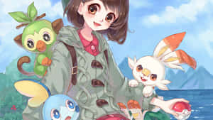 動畫女孩與三隻寶可夢，在戶外靠近水和山的地方手持精靈球。