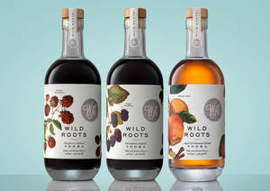 三瓶Wild Roots調味伏特加酒，標籤上有水果插圖。