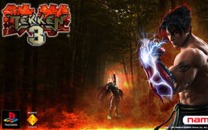 兩個戰士在火熱的森林中，帶有電能和Tekken 3標誌。 — 火影忍者海報 壁紙