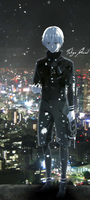 動漫角色俯瞰夜晚的東京，雪花飄落，城市燈光閃爍。 — 東京喰種角色 壁紙