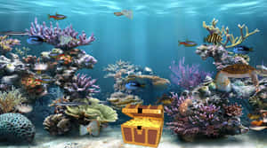 色彩繽紛的珊瑚礁，有魚類和海底的寶箱。 — 坦克 壁紙
