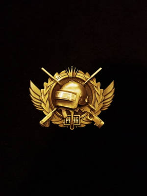 金色PUBG標誌，帶有頭盔和交叉的槍支，黑色背景。