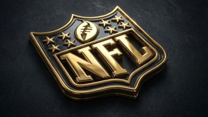 金色NFL標誌盾牌，帶有星星，置於深色紋理背景上
