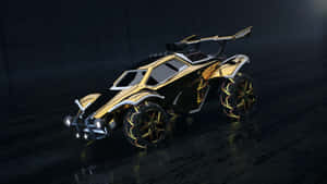 未來金色和黑色賽車，帶有發光輪胎，停在潮濕表面上。 — 金色 壁紙
