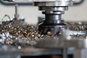 CNC 機器切割金屬，閃亮碎屑四處飛散。