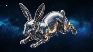 閃亮的金屬兔子跳過星光燦爛的太空，伴隨著發光的星雲。