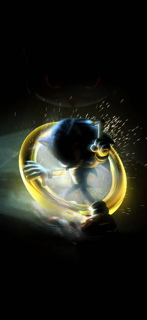 Sonic the Hedgehog 在一個發光圓環中與一個紅眼陰影敵人戰鬥。 — iPhone 18 壁紙