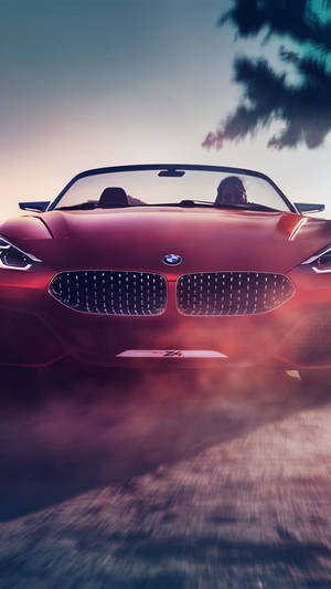 紅色BMW Z4開篷跑車在日落時分於塵土飛揚的道路上奔馳，伴隨著棕櫚樹。