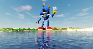 巨大的LEGO Sonic the Hedgehog 站在水中，天空倒影