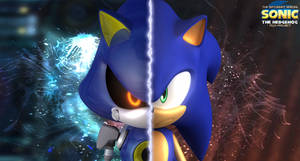 Sonic the Hedgehog 分成兩半，具有對比的眼睛和能量效果。