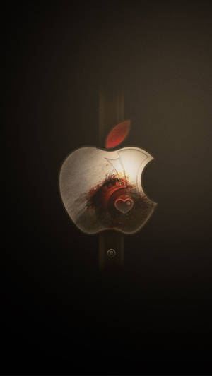 發光的Apple標誌，內部有心形和櫻桃，置於陰暗背景上。
