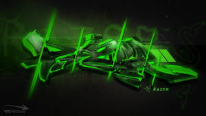 螢光綠色 Razer 標誌，帶有尖銳幾何碎片，背景為深色。