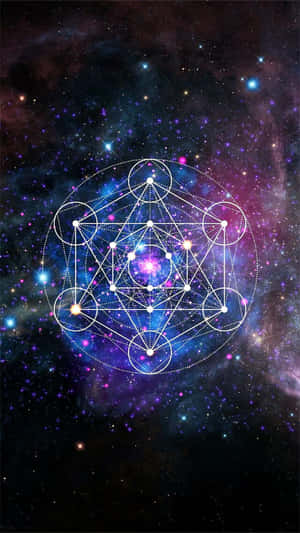 神聖幾何符號在帶有星星的彩色宇宙星雲中發光。