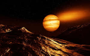 日落時分，巨大橙色行星下的外星山脈 — 行星 壁紙