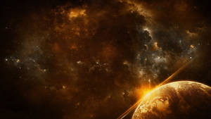 行星在黃昏時從宇宙星雲中浮現，伴隨著發光的星星 — 行星 壁紙