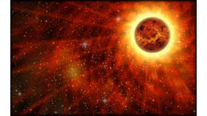 一顆帶有發光日冕的紅色行星，被星星和星雲環繞。 — 行星 壁紙