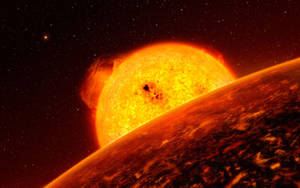 太空中一顆熾熱的太陽在微紅色的外星行星上方噴發太陽耀斑。 — 行星 壁紙