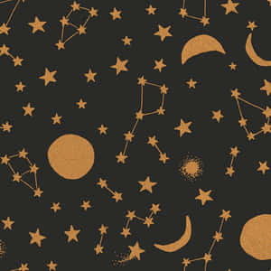 深色背景上帶有金色星星、星座和月亮的天體圖案。 — 星星 壁紙