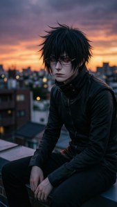 穿著黑色服裝的年輕動漫角色坐在日落時分的屋頂上俯瞰城市。