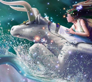 女士騎著一頭星牛穿越神奇的宇宙水域。