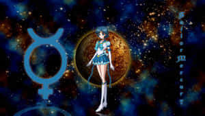 動畫角色 Sailor Mercury 喺太空入面，背後有佢嘅標誌同行星。