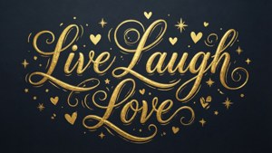 金色 'Live Laugh Love' 文字，帶有心形和星星，深色背景