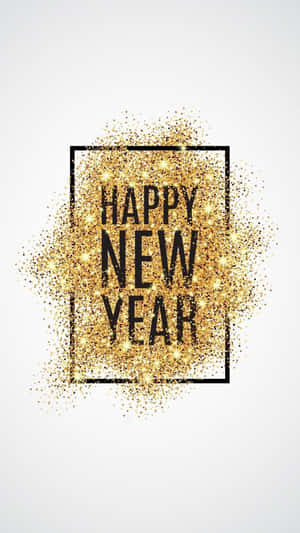 黑色邊框內帶有金色閃粉爆發的黑色新年快樂文字。