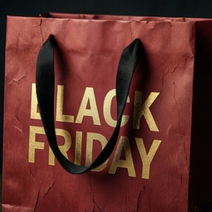 紅色購物袋，帶有金色 Black Friday 文字和黑色手柄