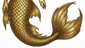 金色美人魚尾巴，帶有精細的鱗片和流暢的魚鰭。