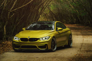 啞光黃色BMW M4跑車停在森林泥路上。