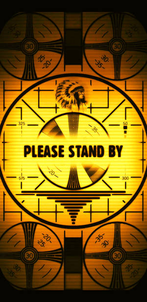 復古電影投影機屏幕，帶有美洲原住民酋長和「PLEASE STAND BY」文字。