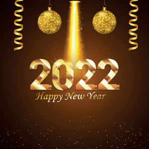 金色2022年新年問候，帶有懸掛裝飾和閃閃發光的五彩紙屑。 — iPad Pro 11 壁紙