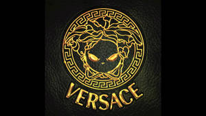 Versace 標誌，金色美杜莎頭在黑色皮革上。