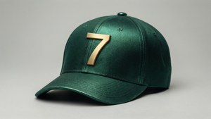 深綠色棒球帽，正面繡有金色數字7。