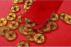 紅色利是封裝滿金色中國硬幣，寓意好運和財富。 — 紅色 壁紙