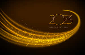 金色光跡在深棕色背景上圍繞「2023 Happy New Year」文字旋轉。