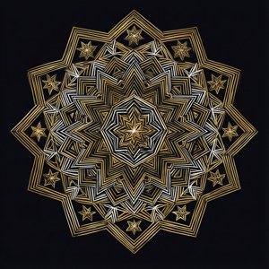 黑色背景上帶有複雜幾何圖案的金色星形曼陀羅 — 幾何 壁紙