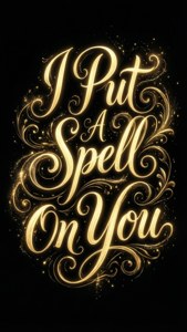 黑色背景上金色閃爍草書文字寫著 I Put A Spell On You