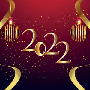 金色 2022 字樣，帶有裝飾同五彩紙屑，背景係紅色到紫色嘅漸變。 — iPad 第10代 壁紙