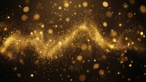 金色閃爍的粒子在帶有散景燈光的黑暗背景下形成流動的波浪。